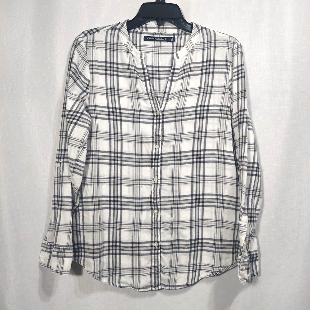 Calvin Klein Jeans Womens Medium Button Up ‎ Shirt Plaid Long Roll Tab Sleeve